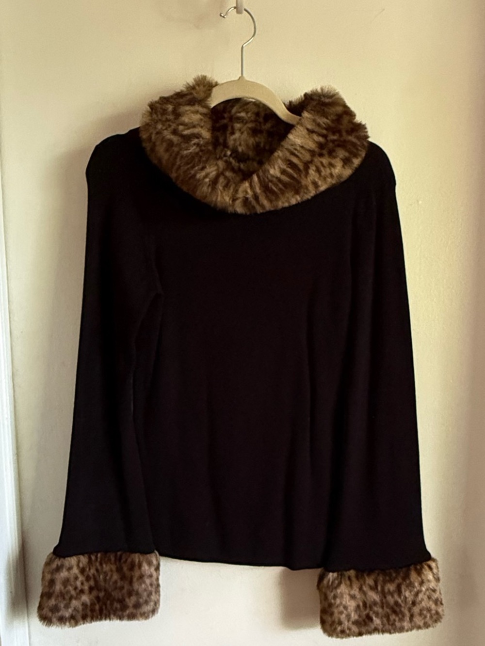 INC International Concepts Black Sweater with Faux Fur Trim